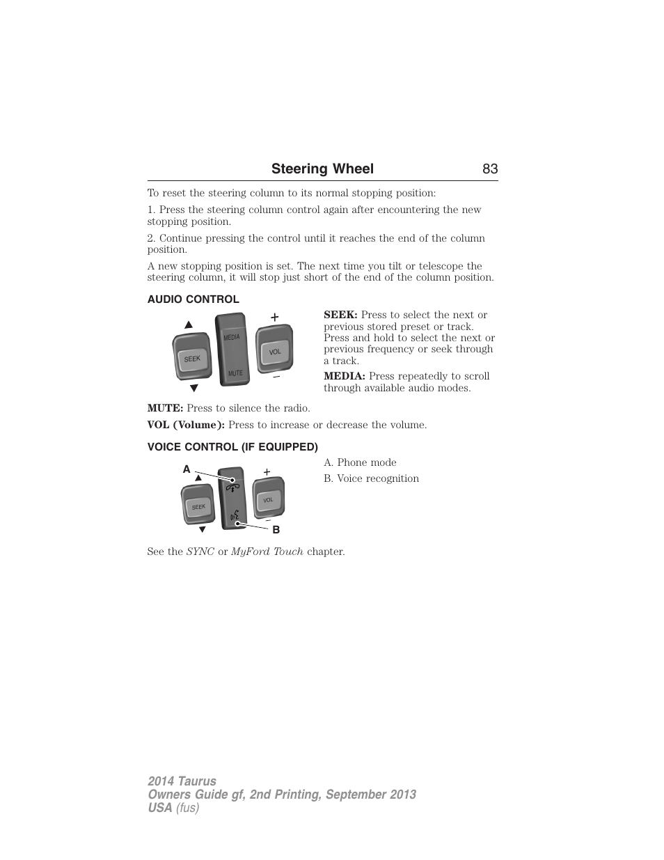 Audio control, Voice control (if equipped), Steering wheel controls | Steering wheel 83 | FORD 2014 Taurus v.2 User Manual | Page 84 / 554