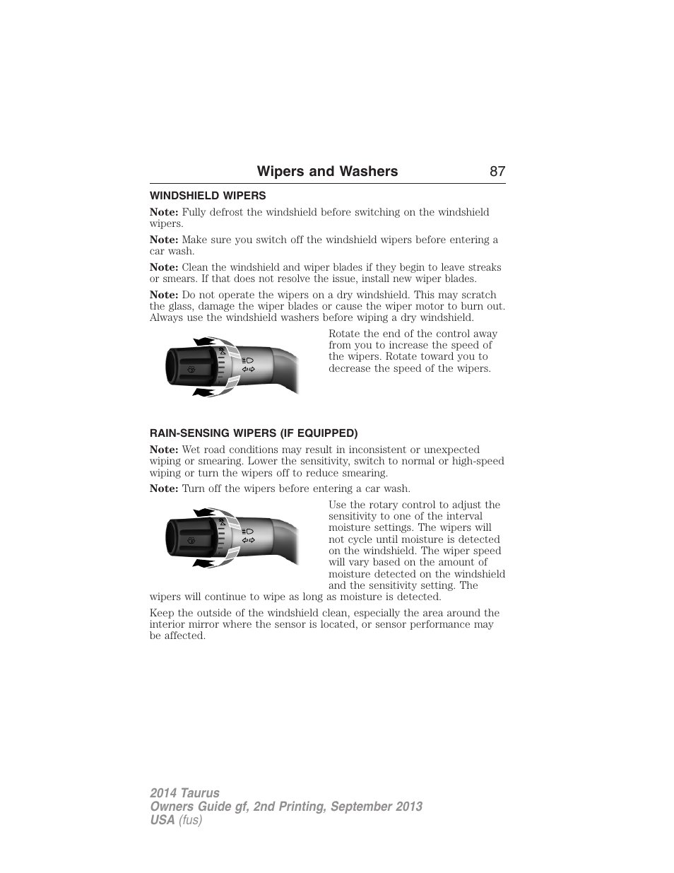 Wipers and washers, Windshield wipers, Rain-sensing wipers (if equipped) | Rain-sensing wipers, Wipers and washers 87 | FORD 2014 Taurus v.2 User Manual | Page 88 / 554