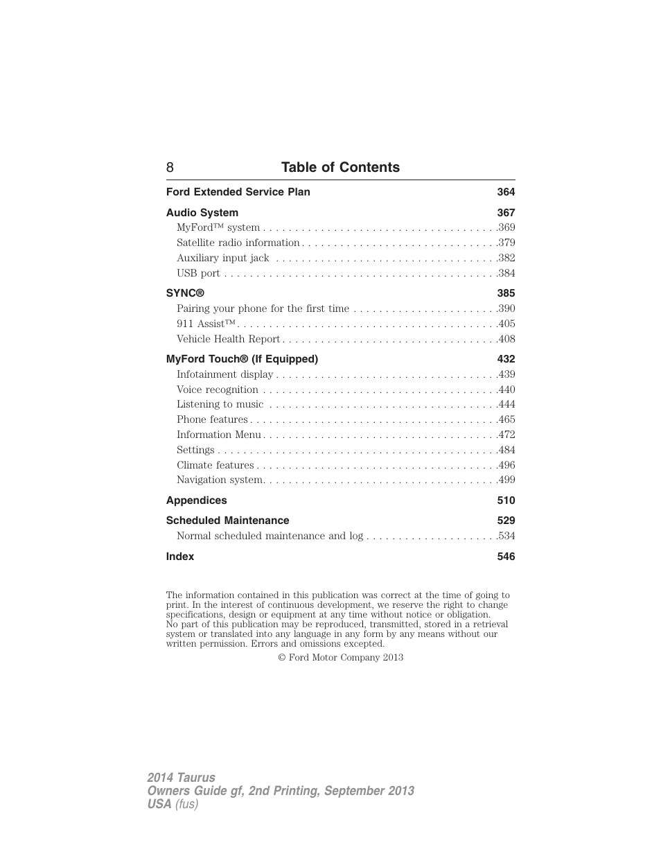 8table of contents | FORD 2014 Taurus v.2 User Manual | Page 9 / 554