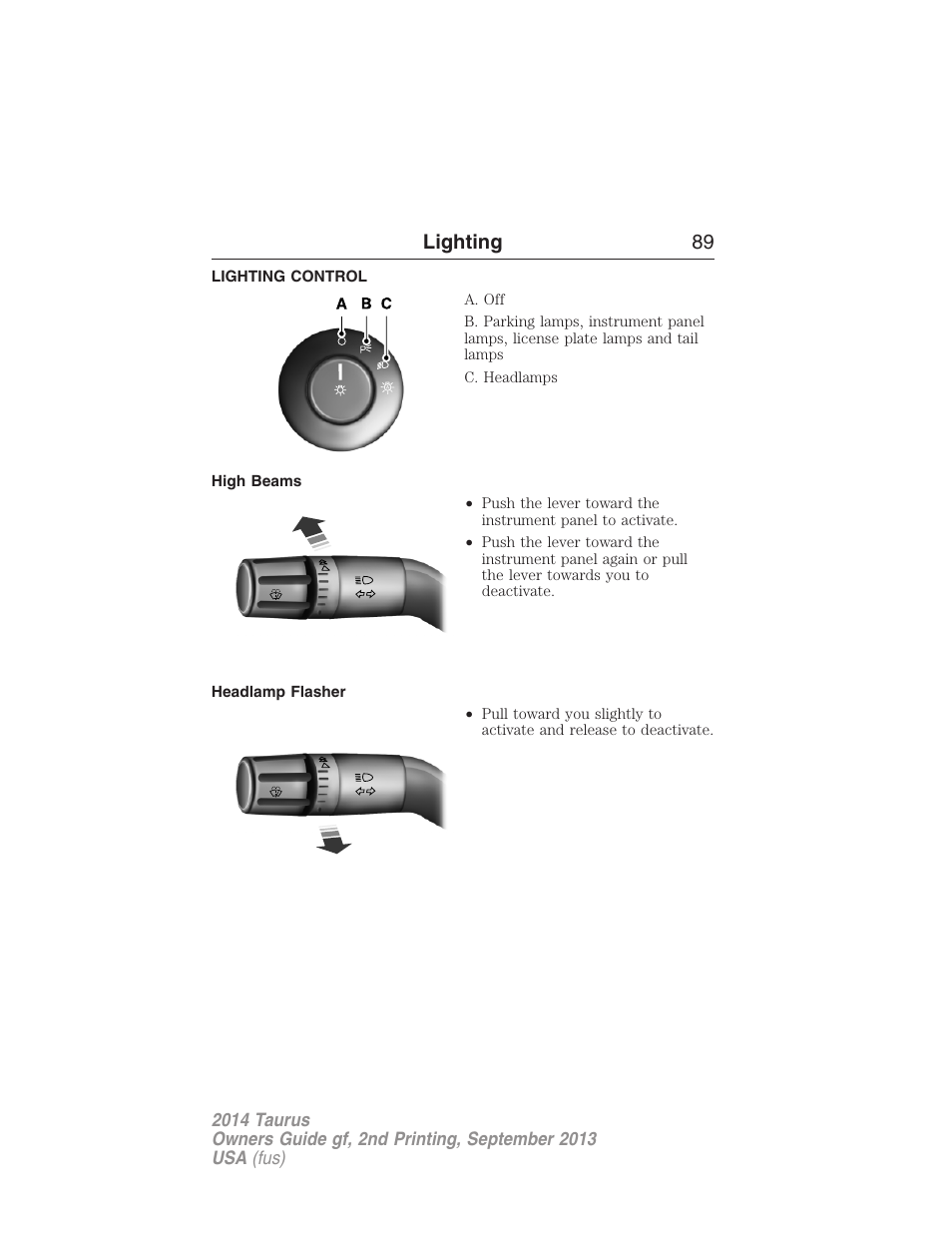 Lighting, Lighting control, High beams | Headlamp flasher, Lighting 89 | FORD 2014 Taurus v.2 User Manual | Page 90 / 554