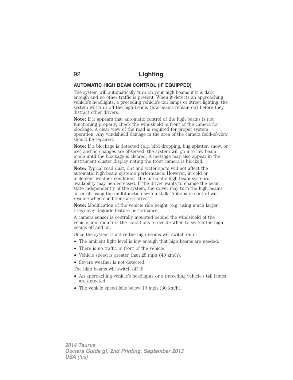 Automatic high beam control (if equipped), Automatic high beam control, 92 lighting | FORD 2014 Taurus v.2 User Manual | Page 93 / 554