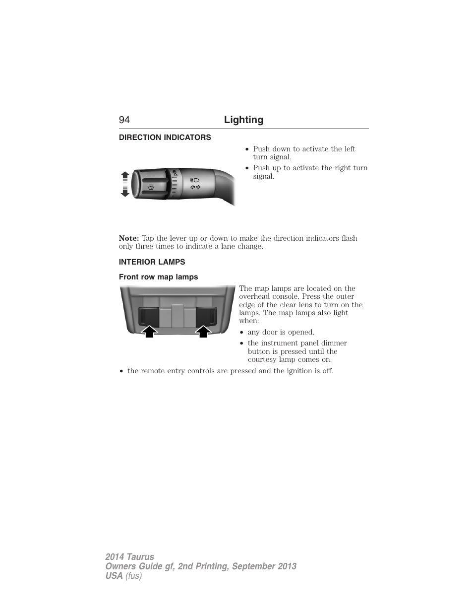 Direction indicators, Interior lamps, Front row map lamps | 94 lighting | FORD 2014 Taurus v.2 User Manual | Page 95 / 554