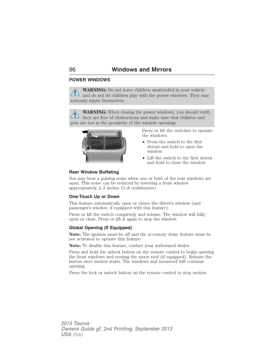 Windows and mirrors, Power windows, Rear window buffeting | One-touch up or down, Global opening (if equipped), 96 windows and mirrors | FORD 2014 Taurus v.2 User Manual | Page 97 / 554