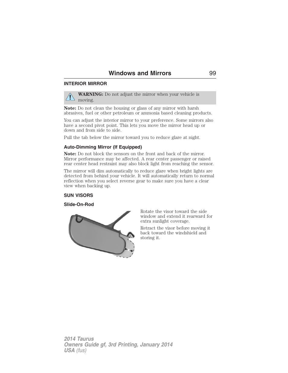 Interior mirror, Auto-dimming mirror (if equipped), Sun visors | Slide-on-rod, Interior mirrors, Windows and mirrors 99 | FORD 2014 Taurus v.3 User Manual | Page 100 / 553