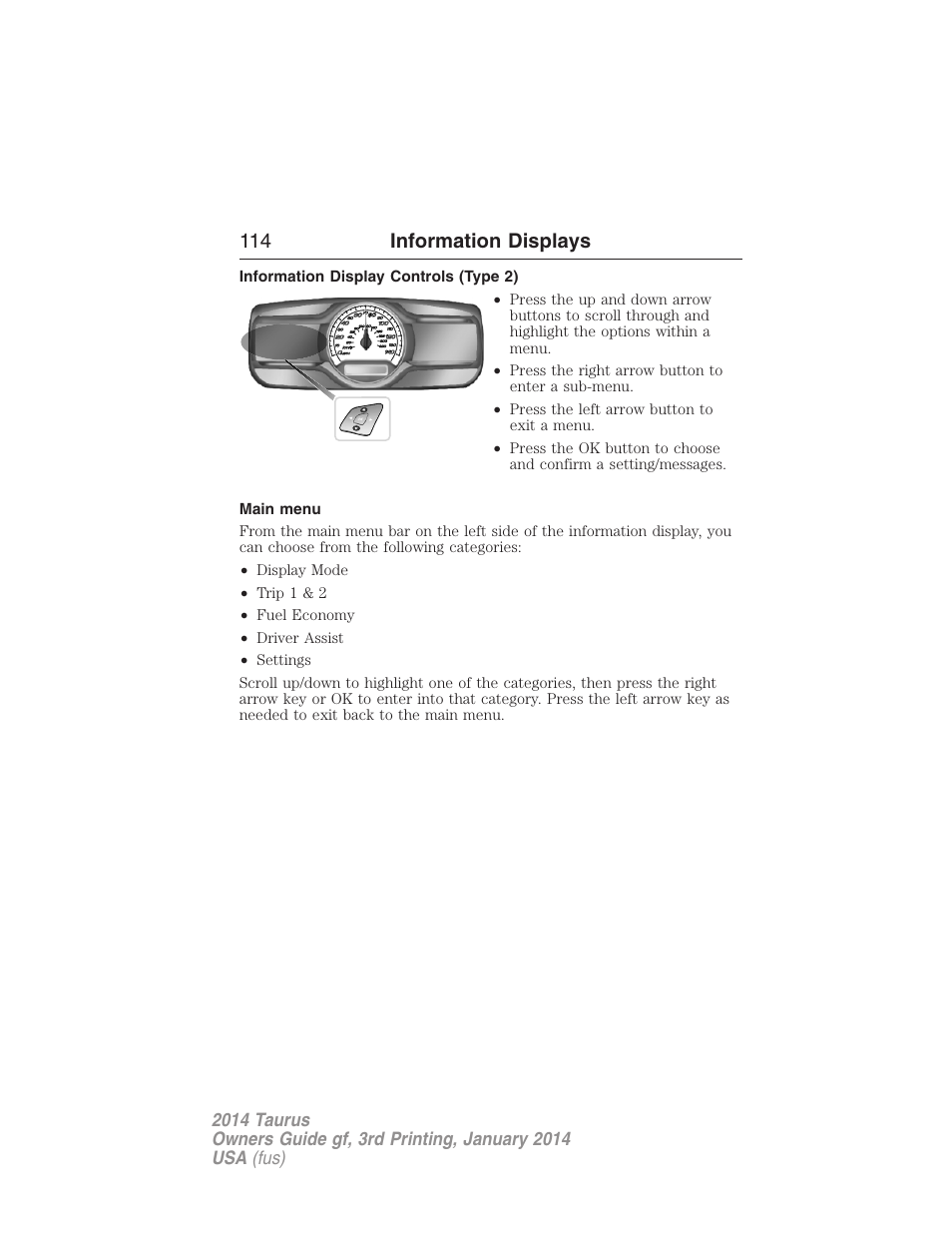 Information display controls (type 2), Main menu, 114 information displays | FORD 2014 Taurus v.3 User Manual | Page 115 / 553