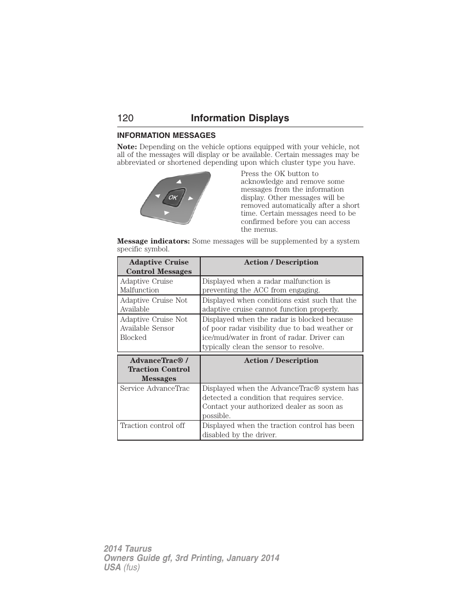 Information messages, 120 information displays | FORD 2014 Taurus v.3 User Manual | Page 121 / 553