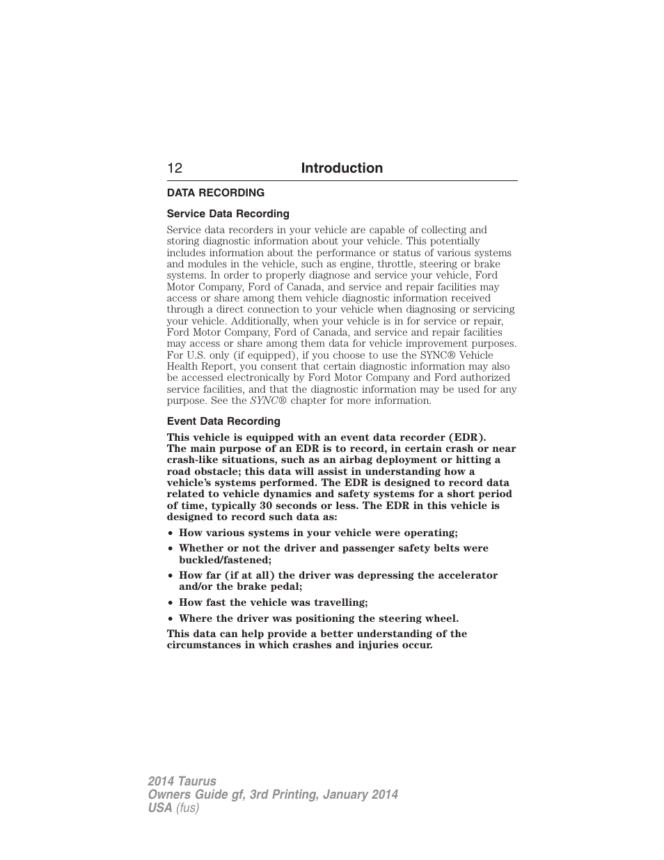 Data recording, Service data recording, Event data recording | 12 introduction | FORD 2014 Taurus v.3 User Manual | Page 13 / 553