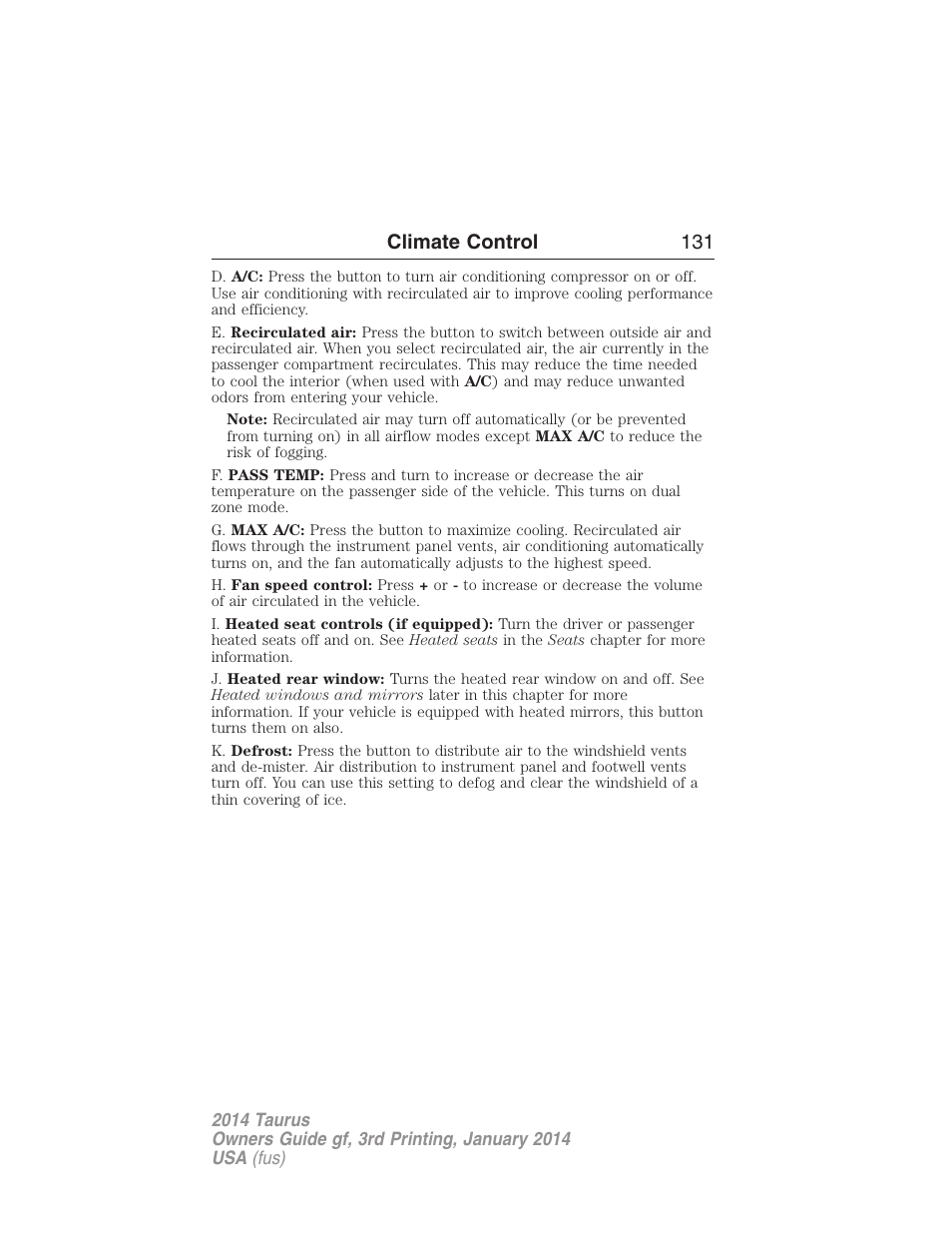 Climate control 131 | FORD 2014 Taurus v.3 User Manual | Page 132 / 553