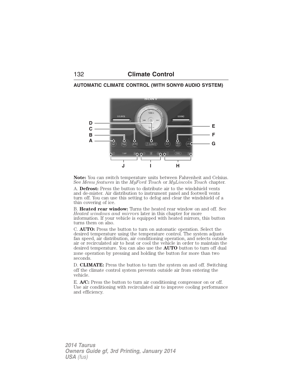 132 climate control | FORD 2014 Taurus v.3 User Manual | Page 133 / 553