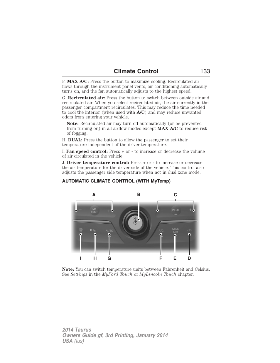 Automatic climate control (with mytemp), Climate control 133 | FORD 2014 Taurus v.3 User Manual | Page 134 / 553