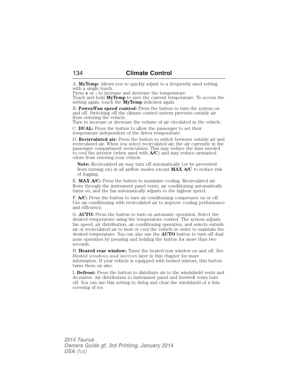 134 climate control | FORD 2014 Taurus v.3 User Manual | Page 135 / 553