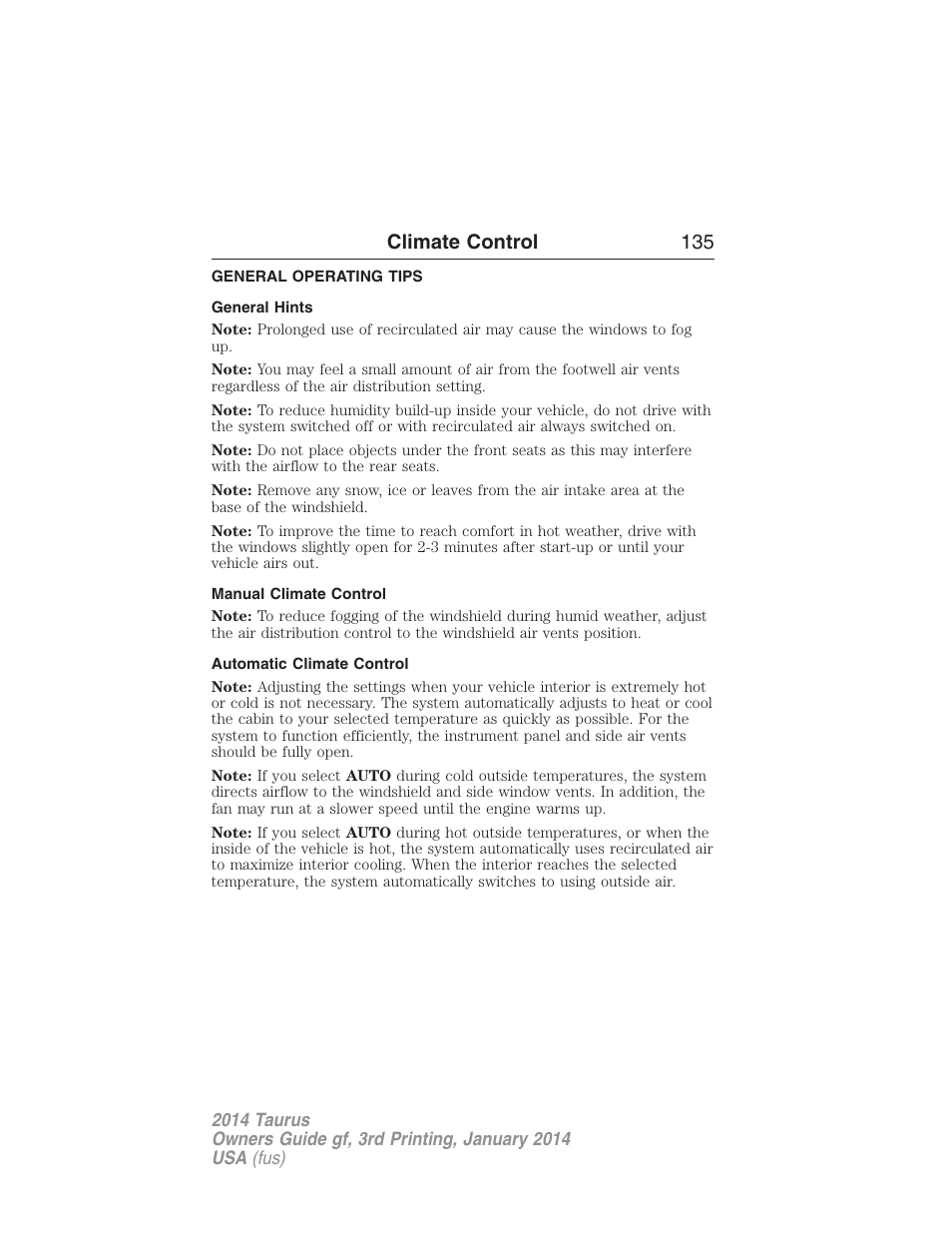 General operating tips, General hints, Manual climate control | Automatic climate control, Climate control 135 | FORD 2014 Taurus v.3 User Manual | Page 136 / 553
