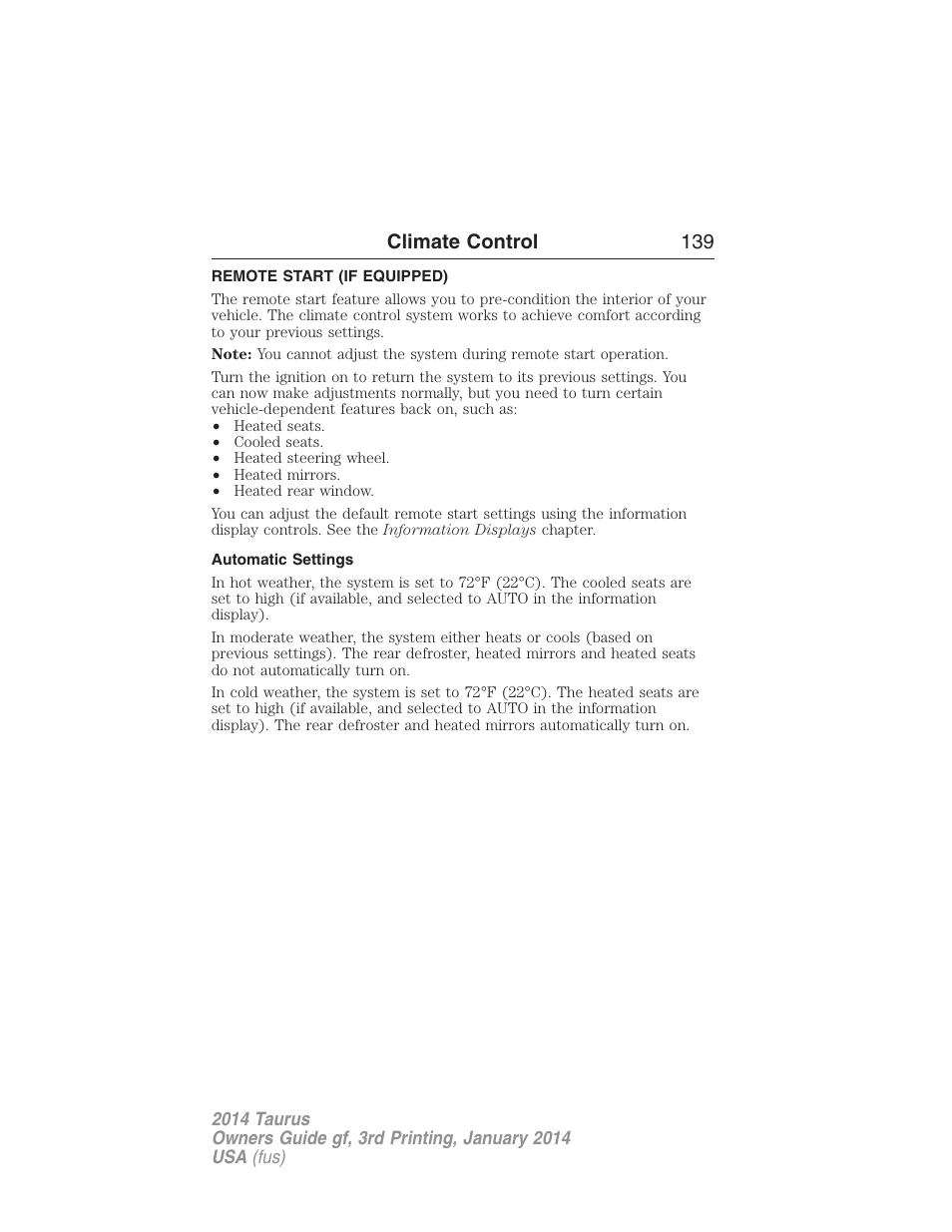 Remote start (if equipped), Automatic settings, Climate control 139 | FORD 2014 Taurus v.3 User Manual | Page 140 / 553
