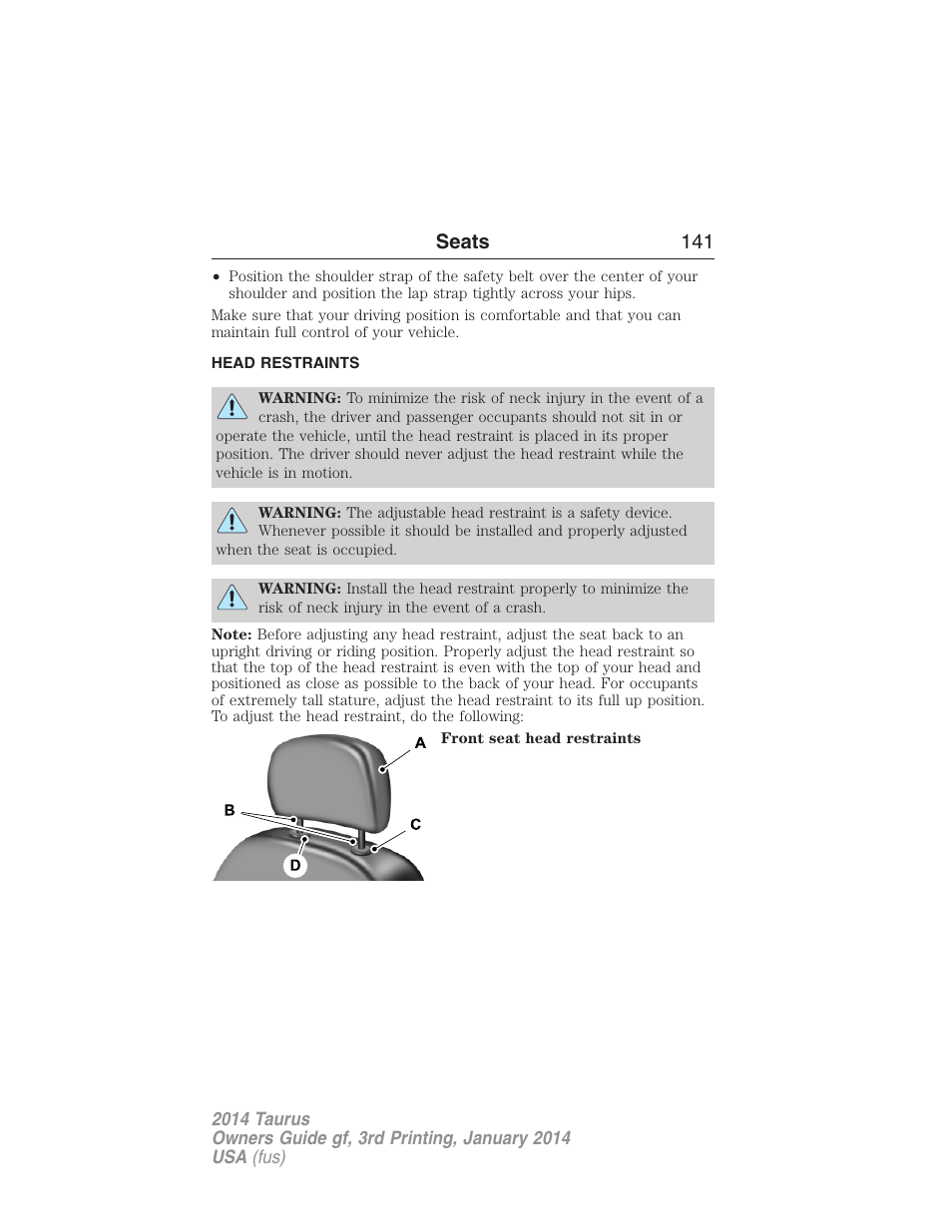 Head restraints, Seats 141 | FORD 2014 Taurus v.3 User Manual | Page 142 / 553