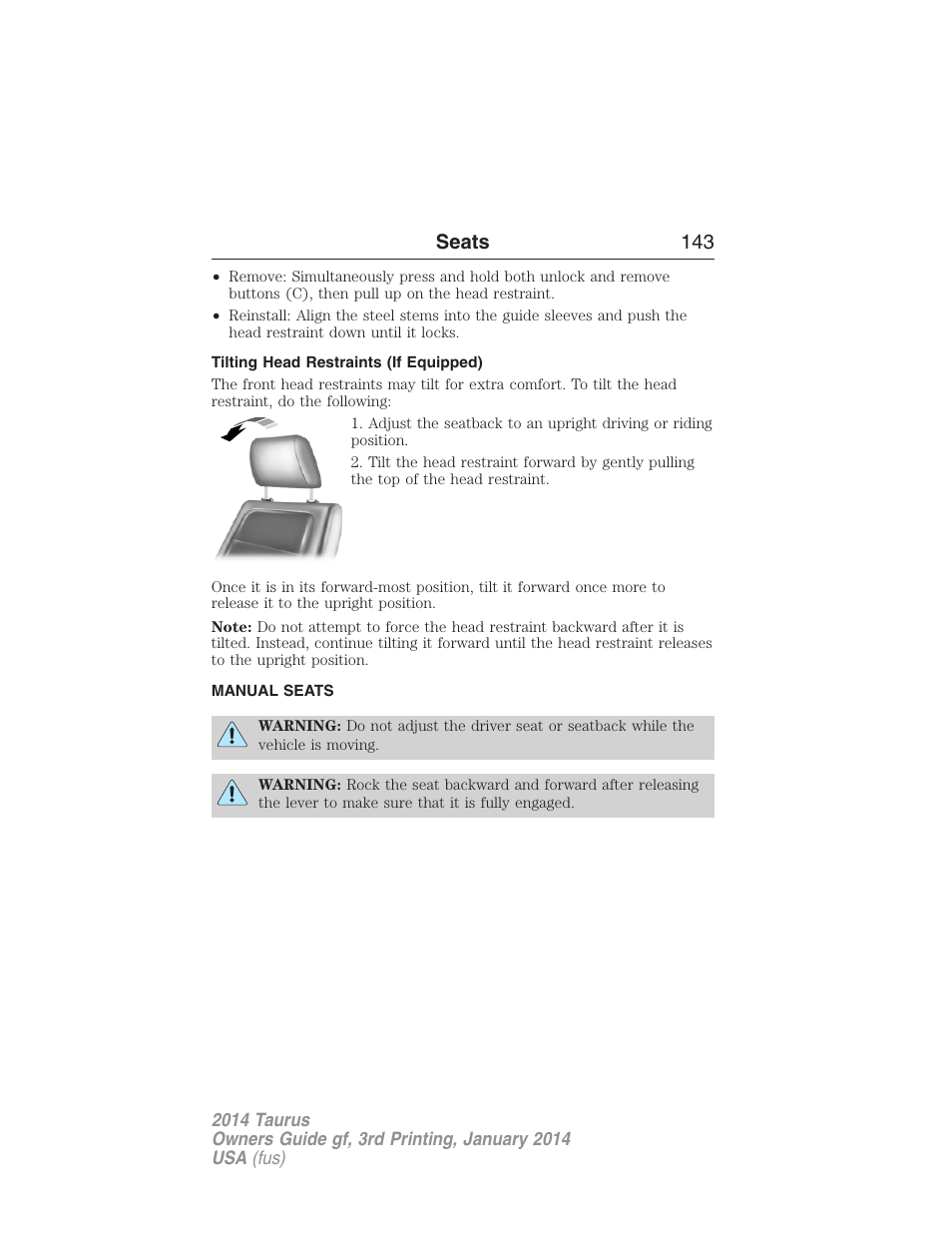 Tilting head restraints (if equipped), Manual seats, Front manual seats | Seats 143 | FORD 2014 Taurus v.3 User Manual | Page 144 / 553