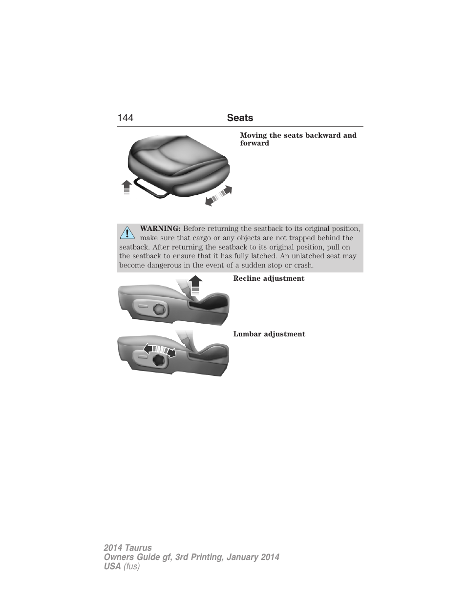 Power seats (if equipped) | FORD 2014 Taurus v.3 User Manual | Page 145 / 553