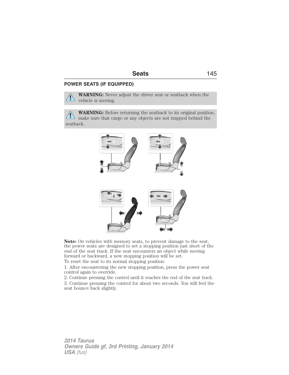 Power seats (if equipped), Power seats | FORD 2014 Taurus v.3 User Manual | Page 146 / 553