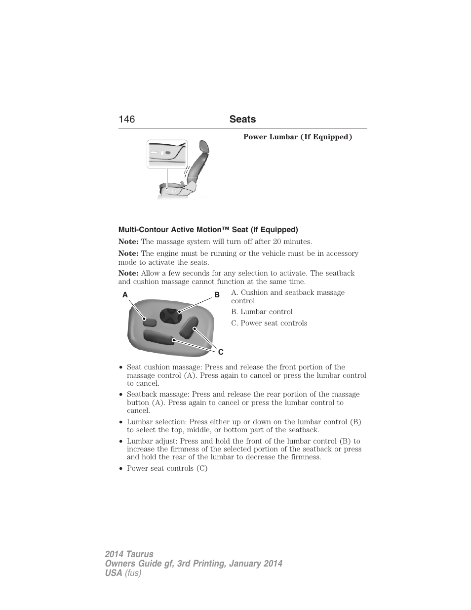 Multi-contour active motion™ seat (if equipped), 146 seats | FORD 2014 Taurus v.3 User Manual | Page 147 / 553