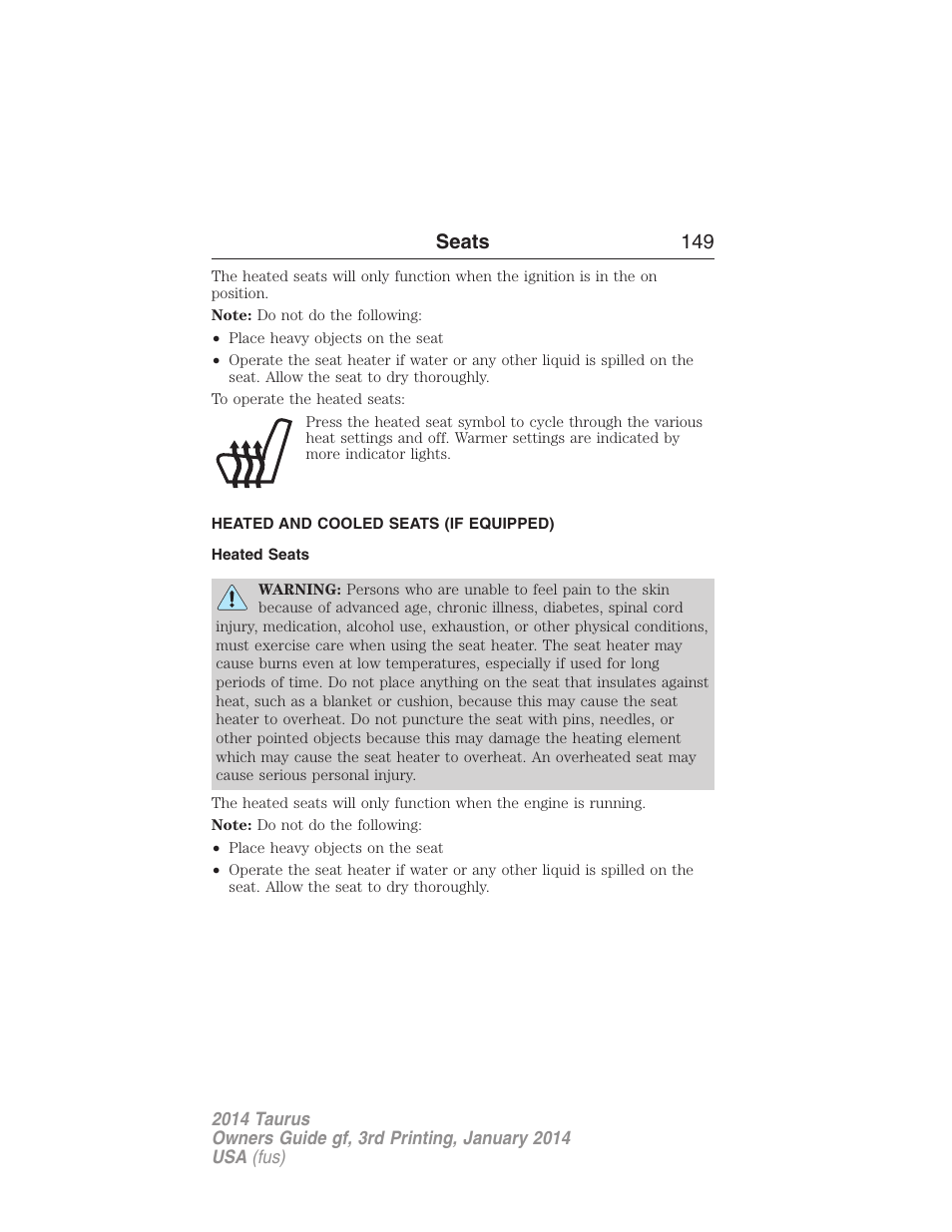 Heated and cooled seats (if equipped), Heated seats, Heated and ventilated seats | Seats 149 | FORD 2014 Taurus v.3 User Manual | Page 150 / 553