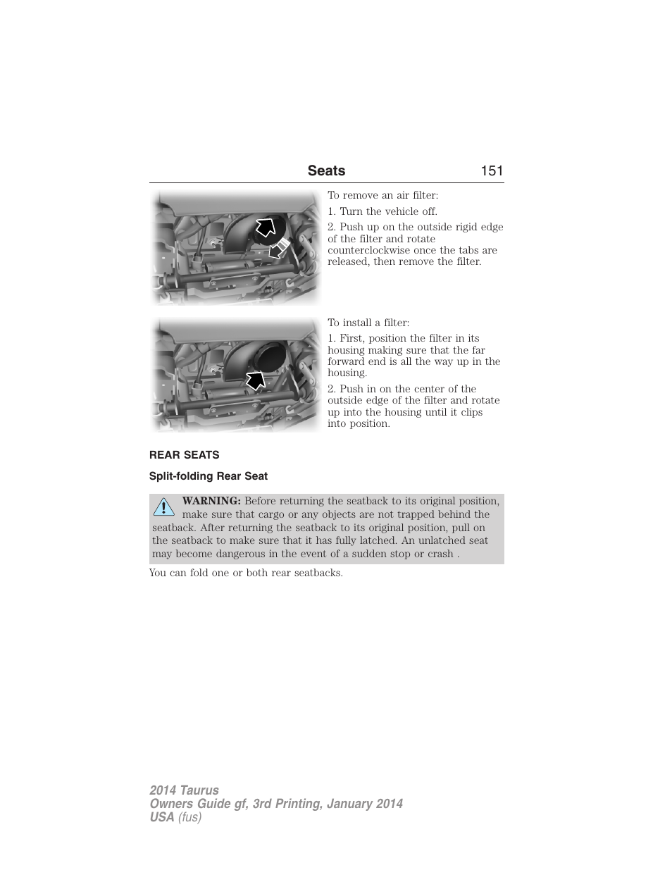 Rear seats, Split-folding rear seat, Seats 151 | FORD 2014 Taurus v.3 User Manual | Page 152 / 553