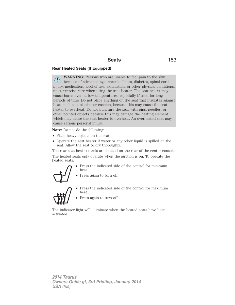 Rear heated seats (if equipped), Seats 153 | FORD 2014 Taurus v.3 User Manual | Page 154 / 553