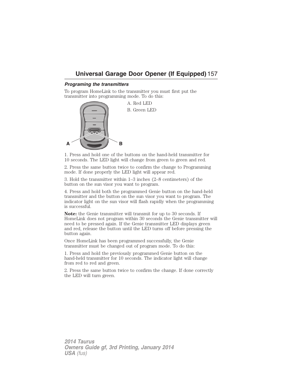 Programing the transmitters, Universal garage door opener (if equipped) 157 | FORD 2014 Taurus v.3 User Manual | Page 158 / 553
