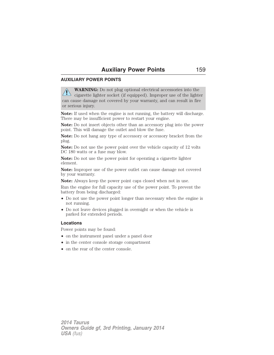 Auxiliary power points, Locations, Auxiliary power points 159 | FORD 2014 Taurus v.3 User Manual | Page 160 / 553