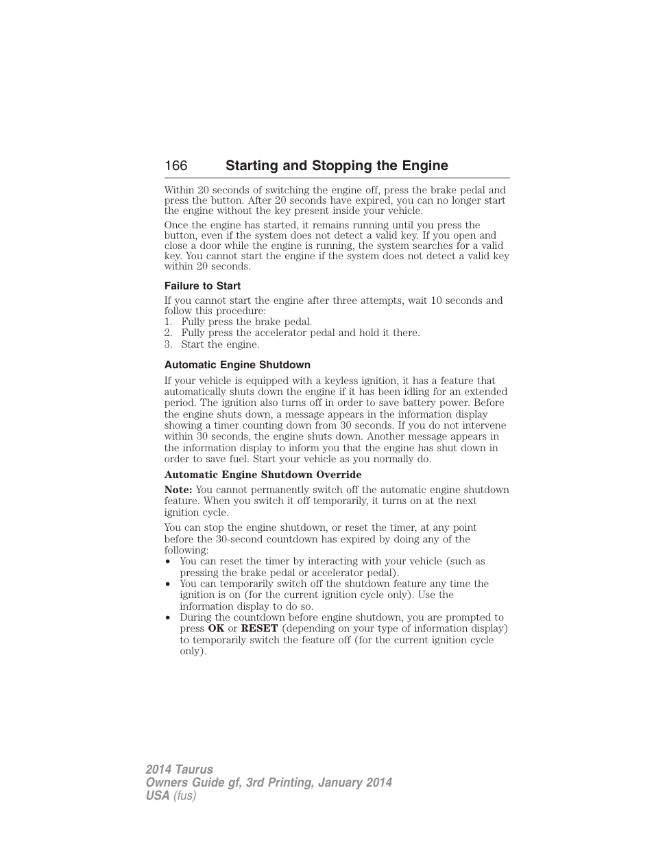 Failure to start, Automatic engine shutdown, 166 starting and stopping the engine | FORD 2014 Taurus v.3 User Manual | Page 167 / 553