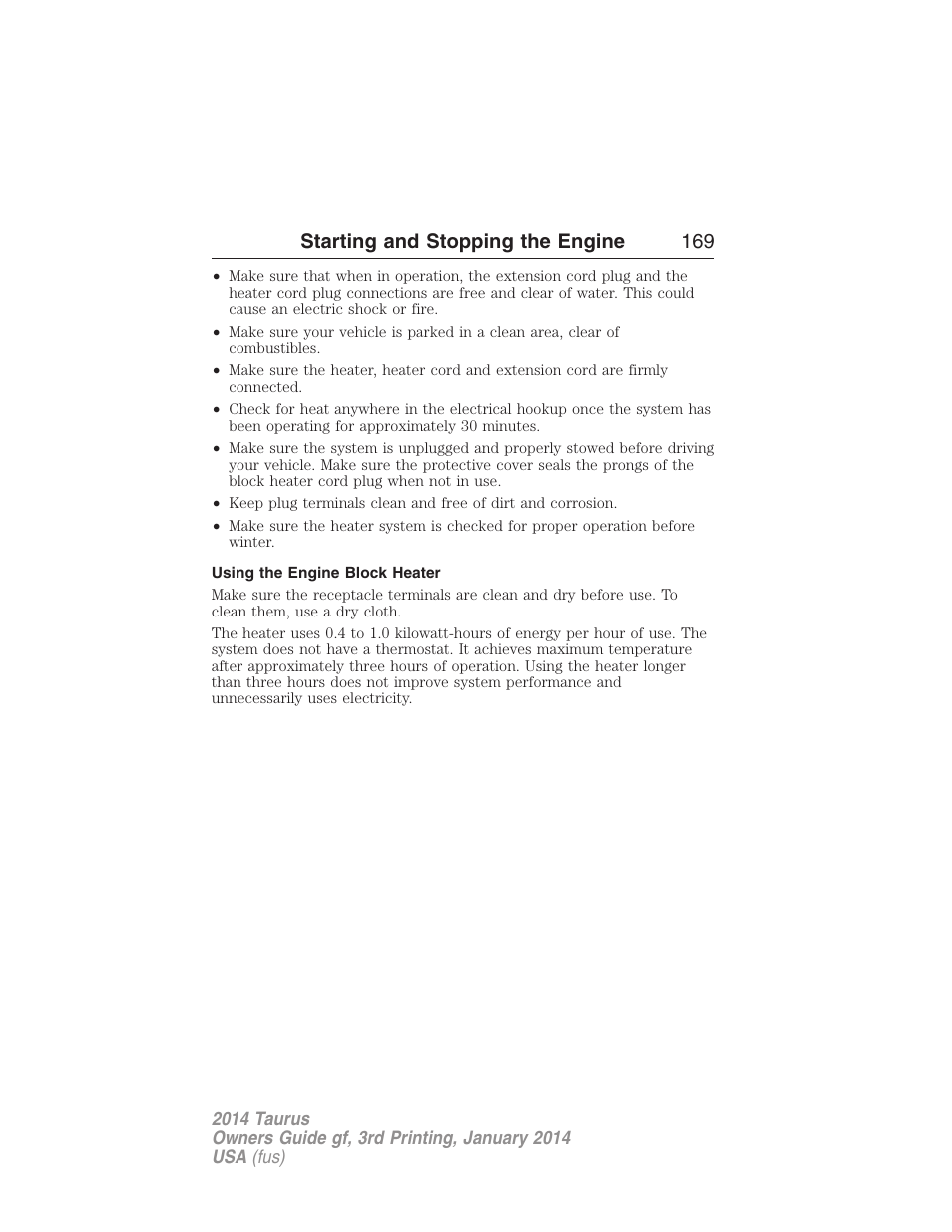 Using the engine block heater, Starting and stopping the engine 169 | FORD 2014 Taurus v.3 User Manual | Page 170 / 553