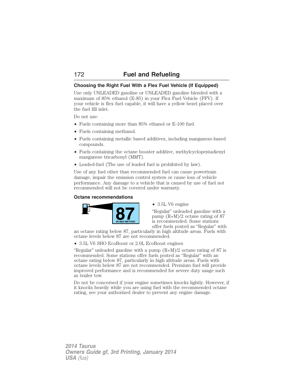 Octane recommendations | FORD 2014 Taurus v.3 User Manual | Page 173 / 553