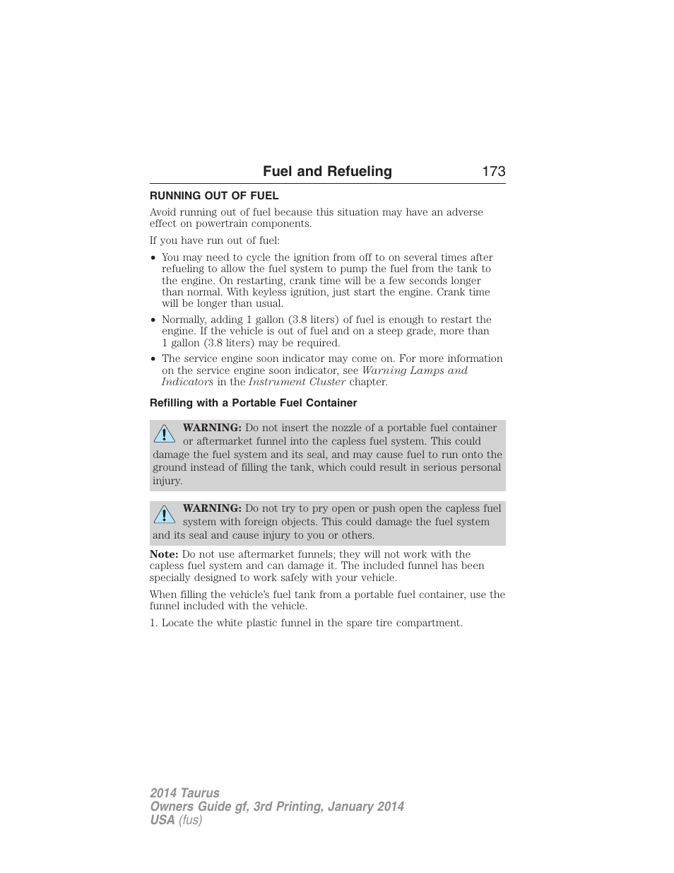 Running out of fuel, Refilling with a portable fuel container, Fuel and refueling 173 | FORD 2014 Taurus v.3 User Manual | Page 174 / 553