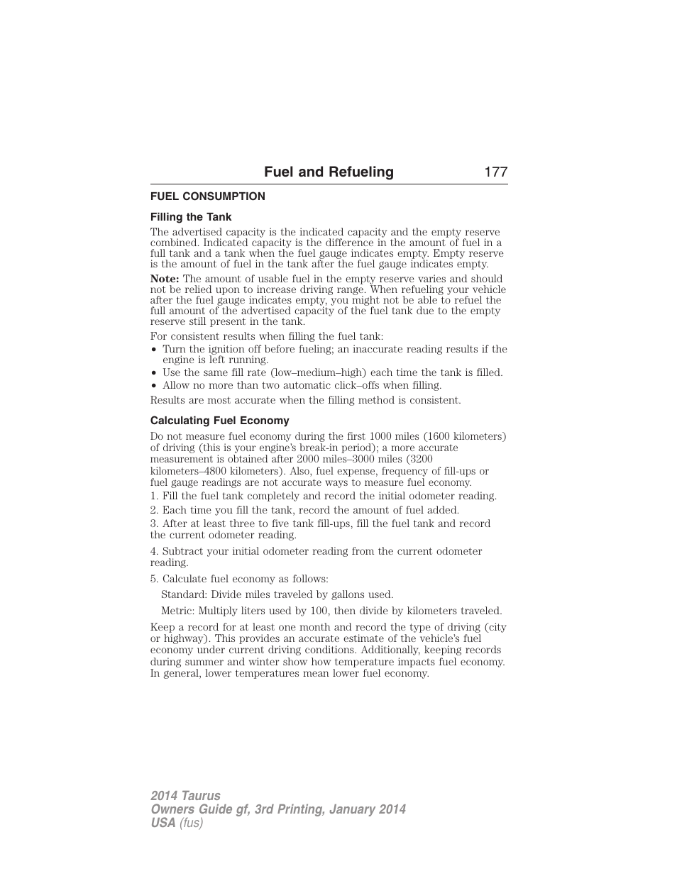 Fuel consumption, Filling the tank, Calculating fuel economy | Fuel and refueling 177 | FORD 2014 Taurus v.3 User Manual | Page 178 / 553