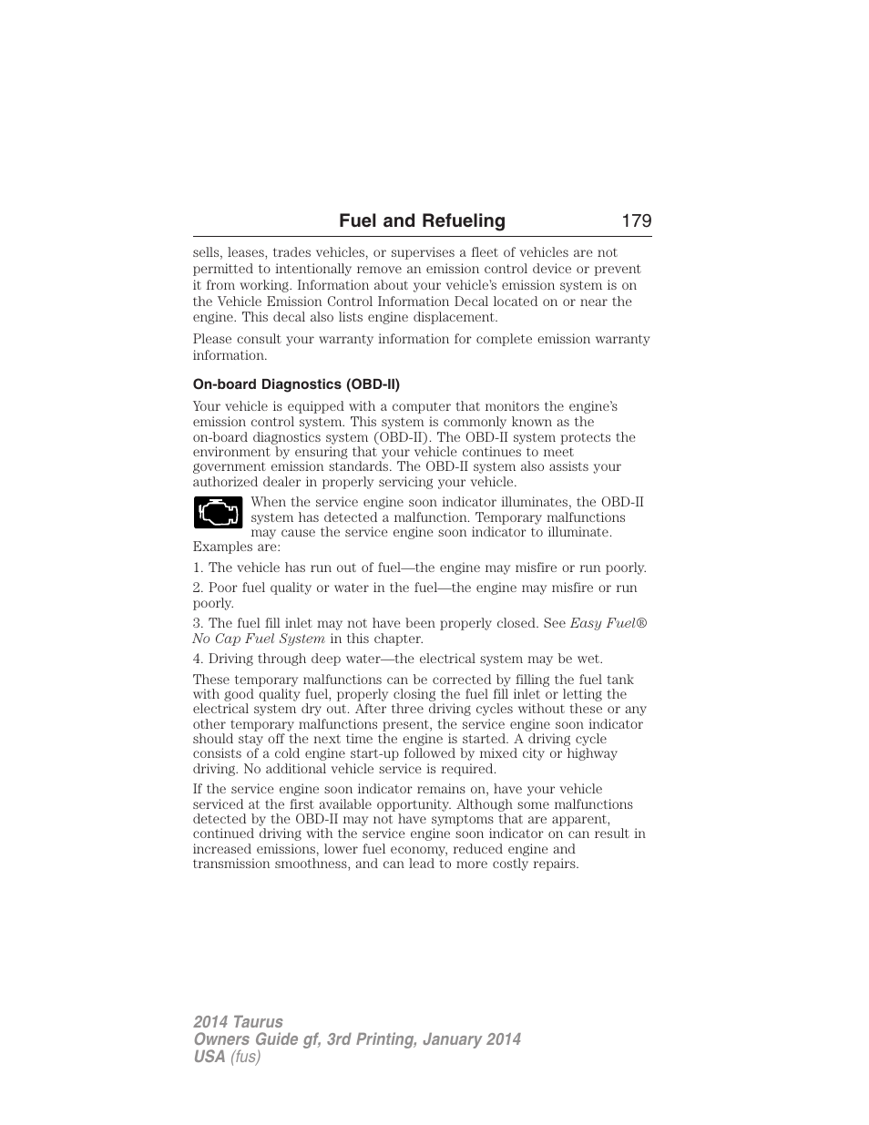 On-board diagnostics (obd-ii), Fuel and refueling 179 | FORD 2014 Taurus v.3 User Manual | Page 180 / 553