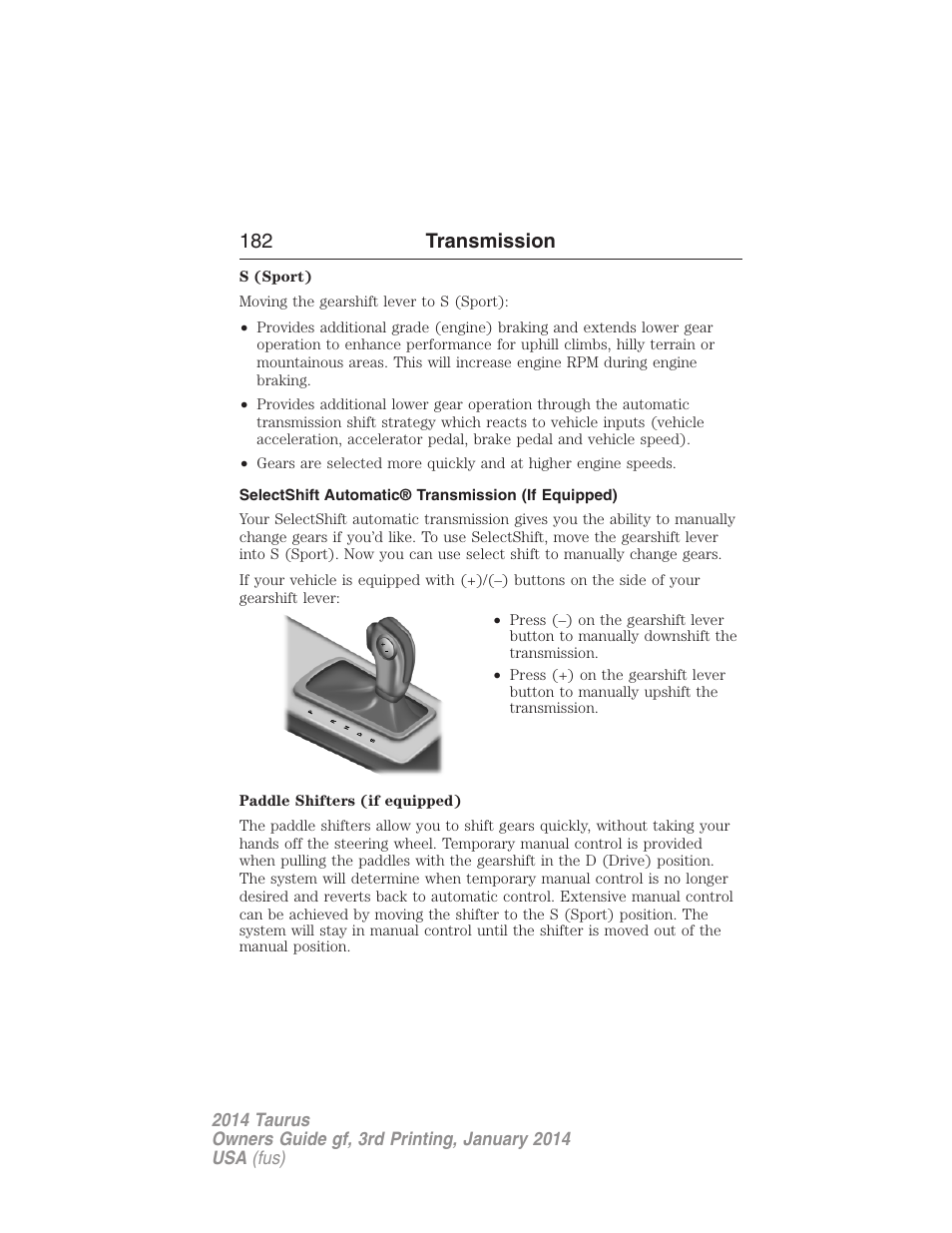 Selectshift automatic® transmission (if equipped), 182 transmission | FORD 2014 Taurus v.3 User Manual | Page 183 / 553