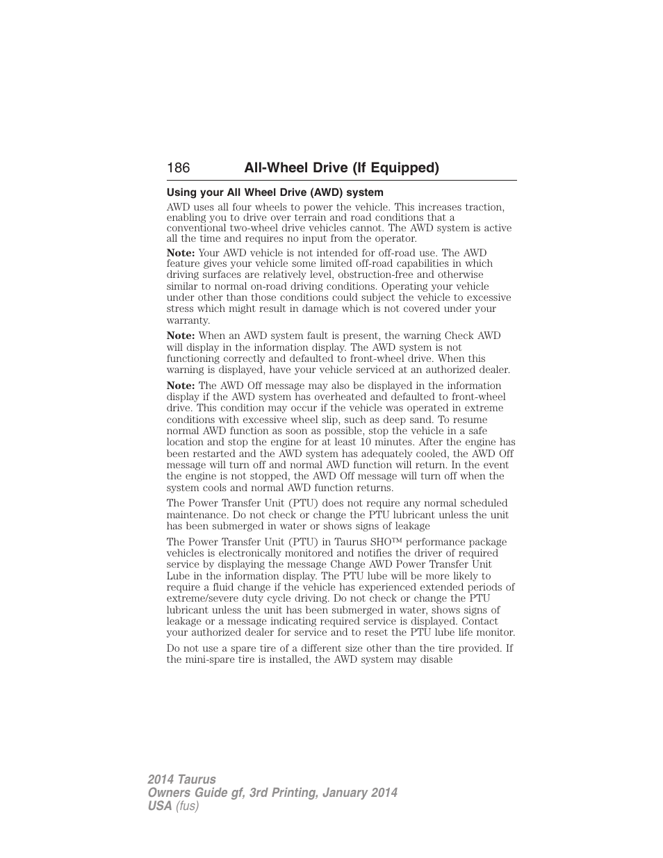 All-wheel drive (if equipped), Using your all wheel drive (awd) system, All wheel drive | 186 all-wheel drive (if equipped) | FORD 2014 Taurus v.3 User Manual | Page 187 / 553