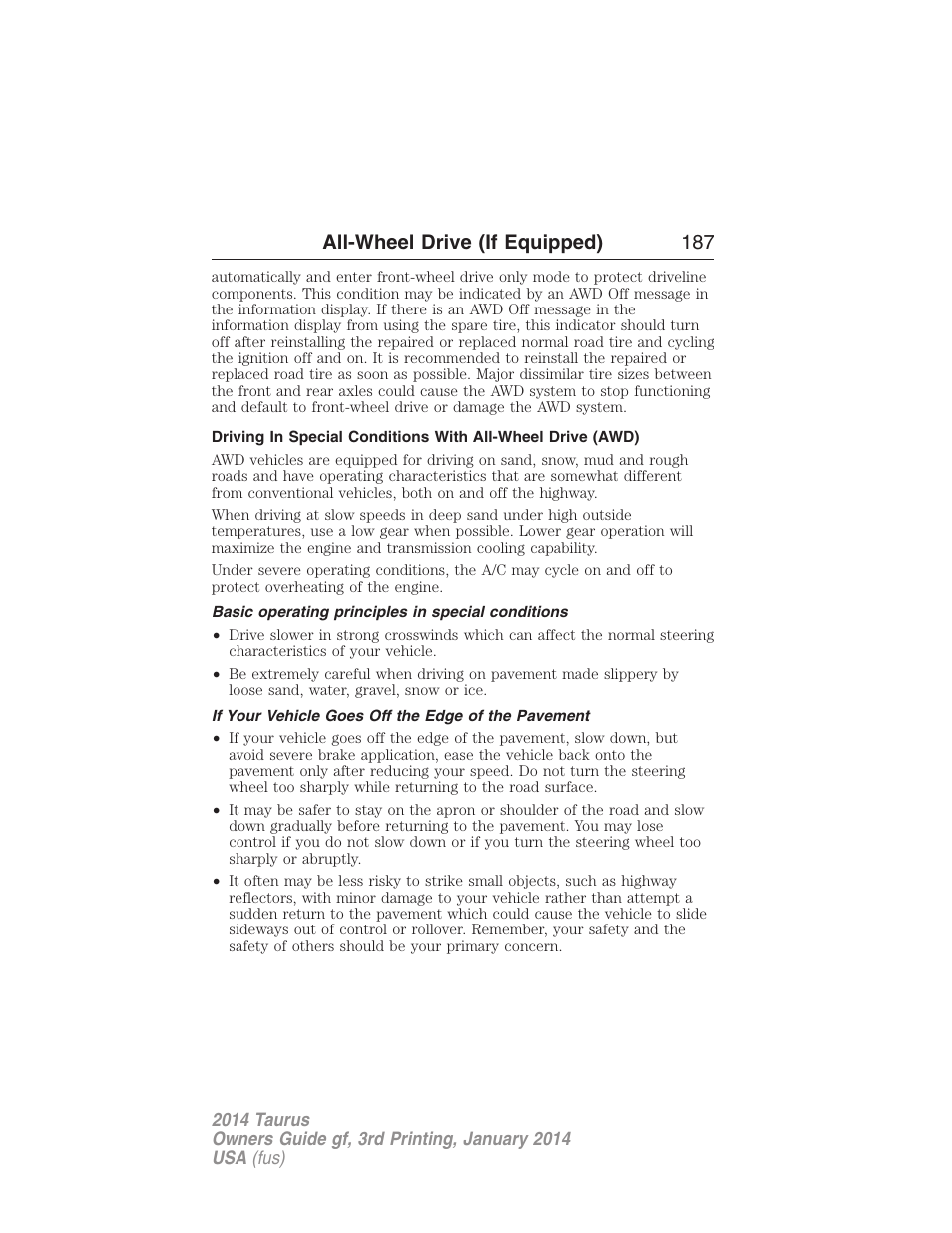 Basic operating principles in special conditions, If your vehicle goes off the edge of the pavement, All-wheel drive (if equipped) 187 | FORD 2014 Taurus v.3 User Manual | Page 188 / 553