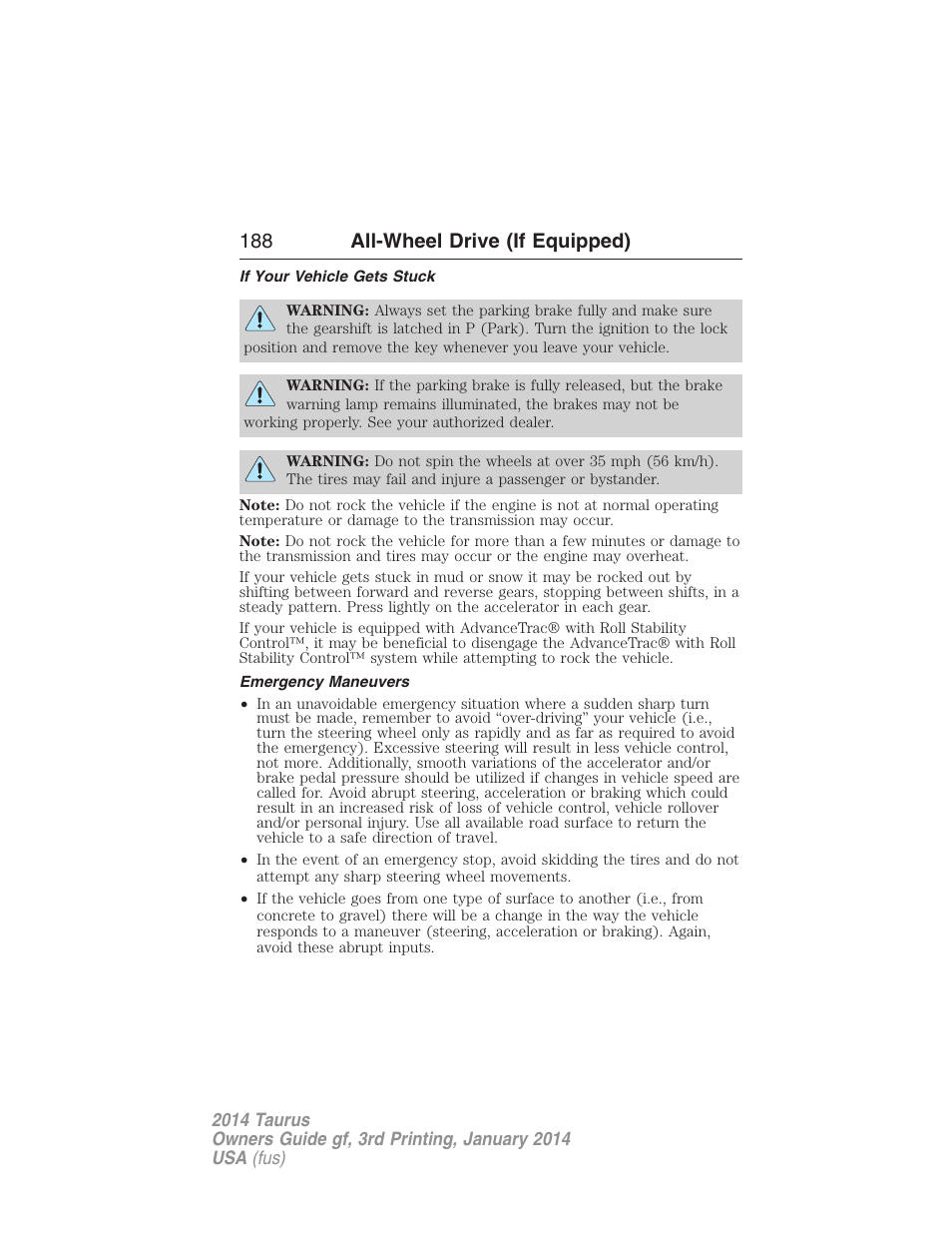 If your vehicle gets stuck, Emergency maneuvers, 188 all-wheel drive (if equipped) | FORD 2014 Taurus v.3 User Manual | Page 189 / 553