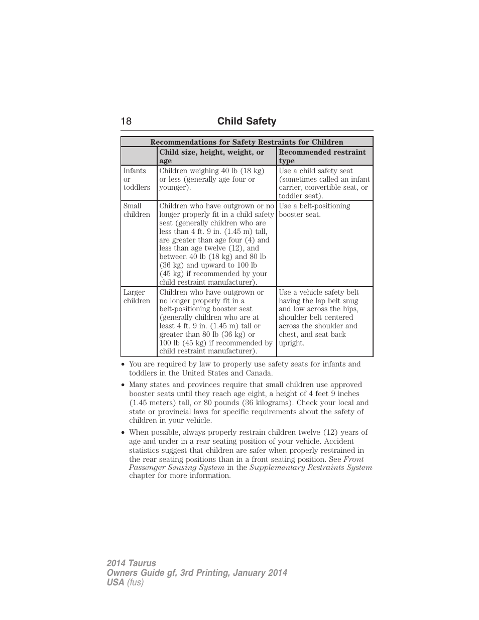 18 child safety | FORD 2014 Taurus v.3 User Manual | Page 19 / 553