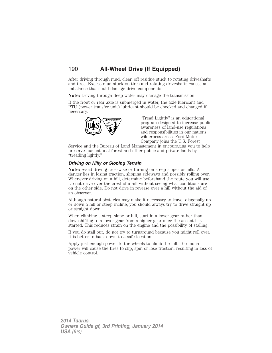 Driving on hilly or sloping terrain, 190 all-wheel drive (if equipped) | FORD 2014 Taurus v.3 User Manual | Page 191 / 553