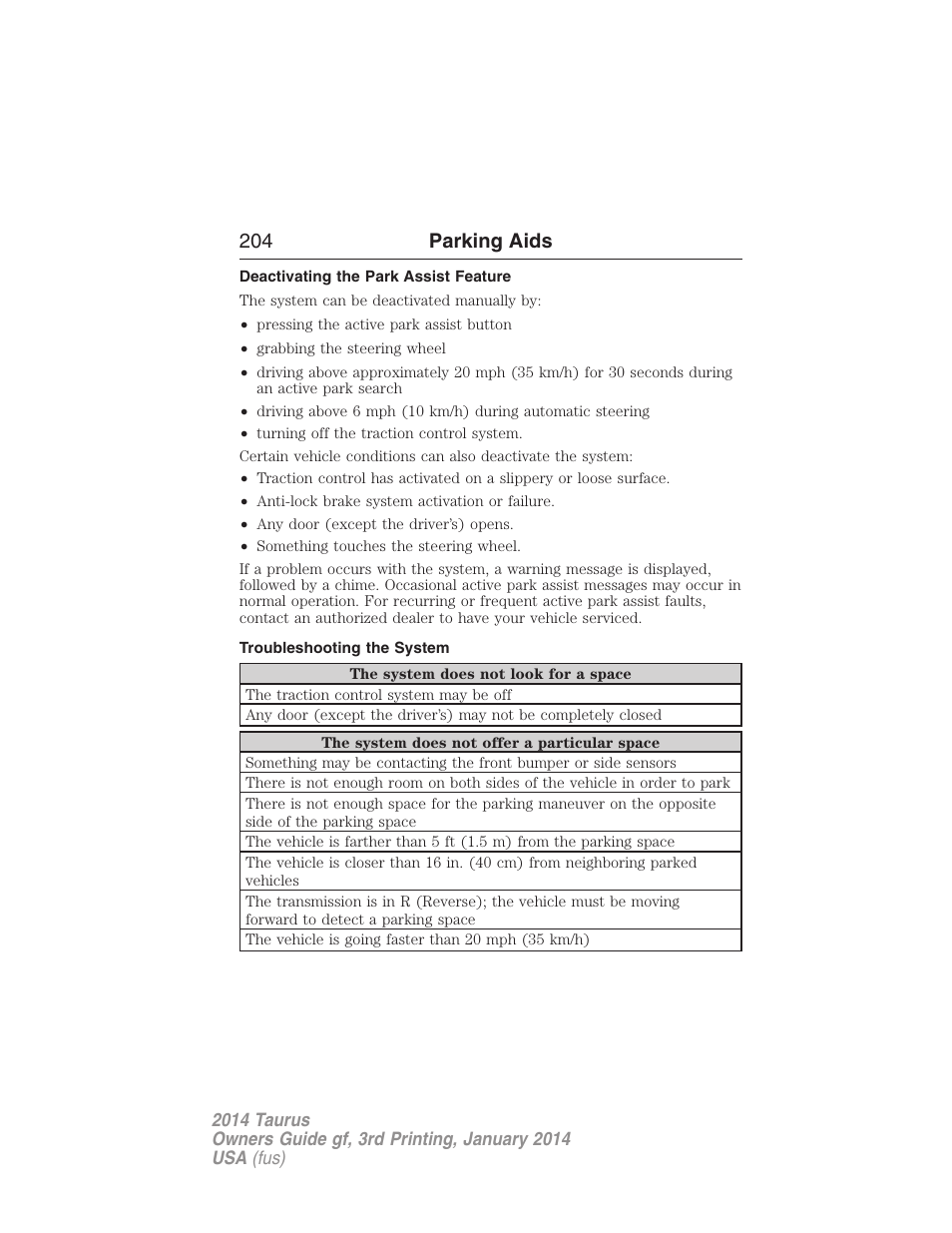 Deactivating the park assist feature, Troubleshooting the system, 204 parking aids | FORD 2014 Taurus v.3 User Manual | Page 205 / 553