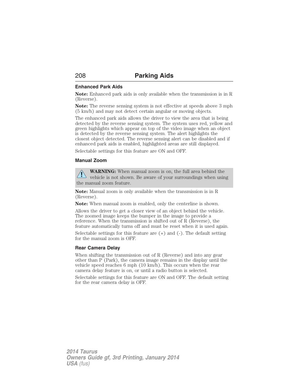 Enhanced park aids, Manual zoom, Rear camera delay | 208 parking aids | FORD 2014 Taurus v.3 User Manual | Page 209 / 553