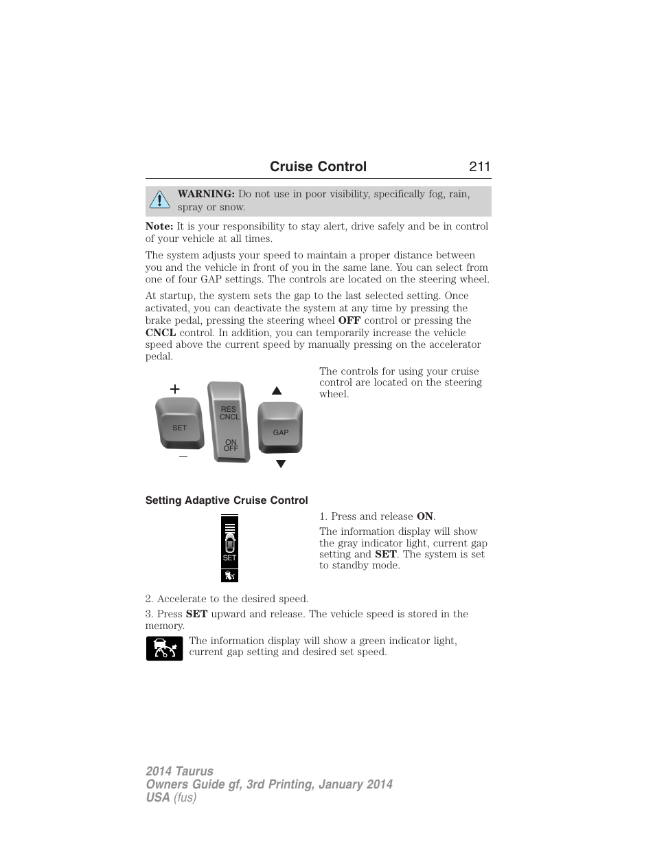 Setting adaptive cruise control, Cruise control 211 | FORD 2014 Taurus v.3 User Manual | Page 212 / 553