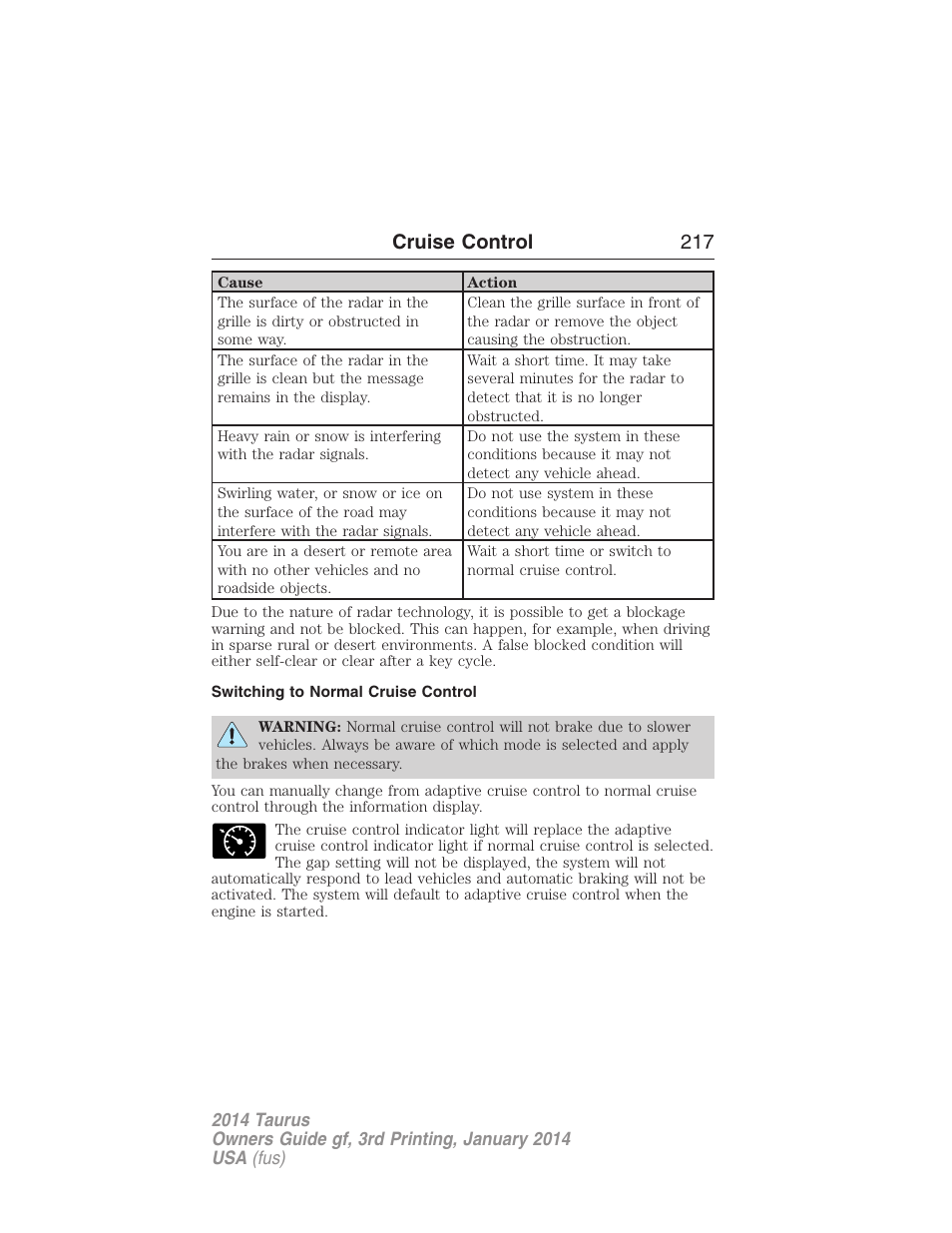 Switching to normal cruise control, Cruise control 217 | FORD 2014 Taurus v.3 User Manual | Page 218 / 553