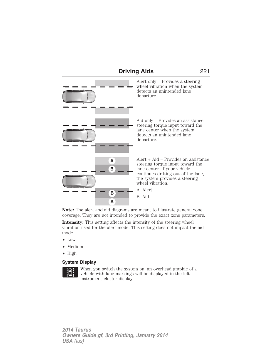 System display, Driving aids 221 | FORD 2014 Taurus v.3 User Manual | Page 222 / 553