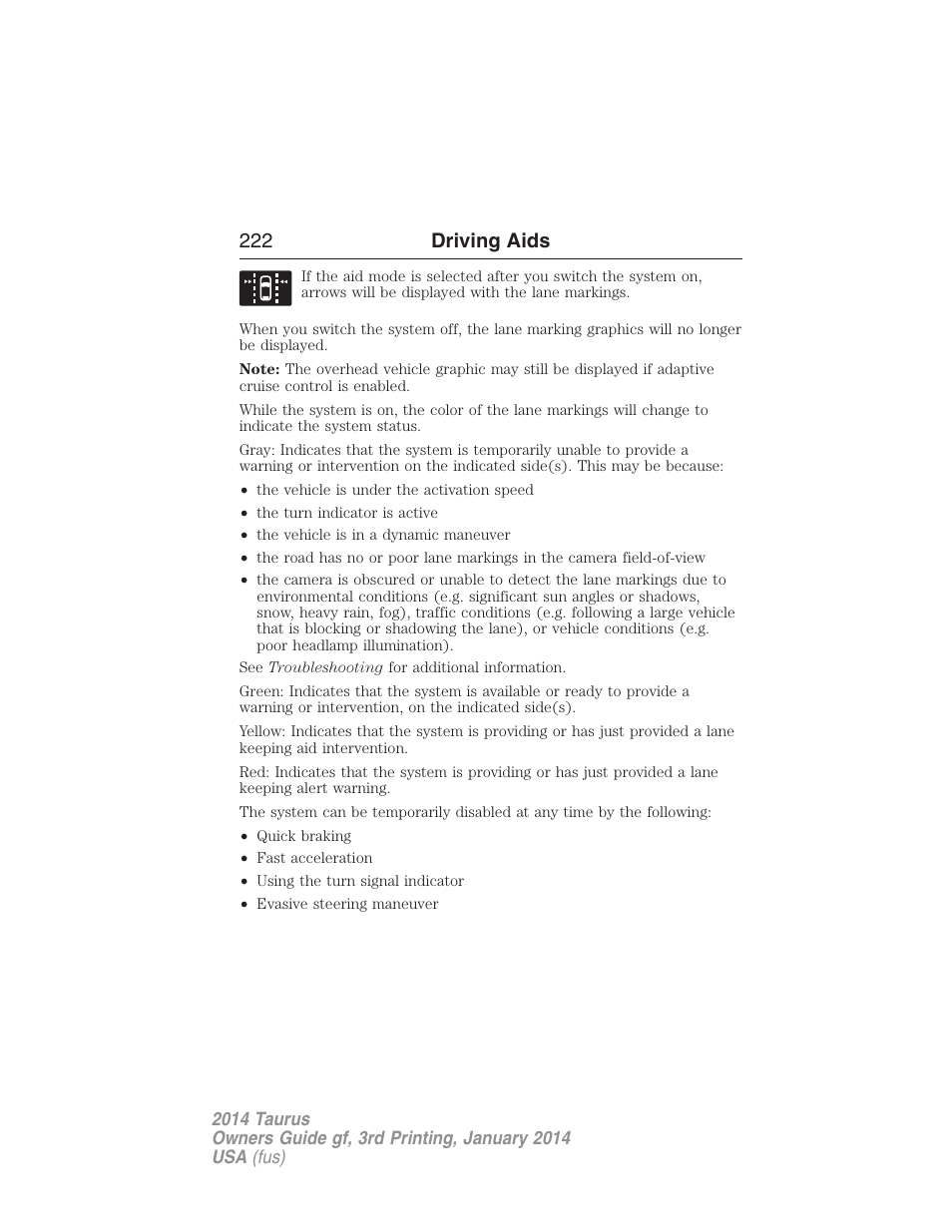 222 driving aids | FORD 2014 Taurus v.3 User Manual | Page 223 / 553