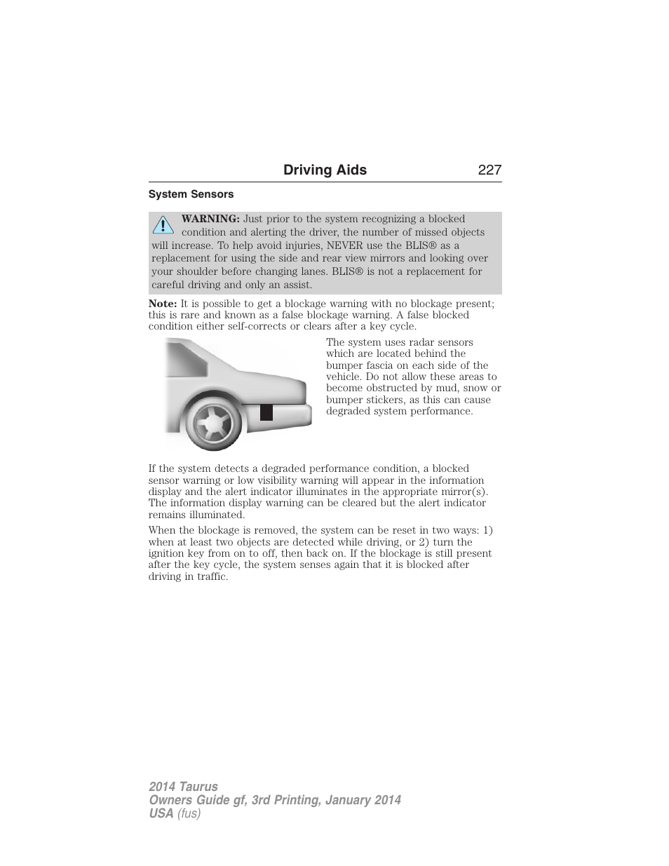 System sensors, Driving aids 227 | FORD 2014 Taurus v.3 User Manual | Page 228 / 553