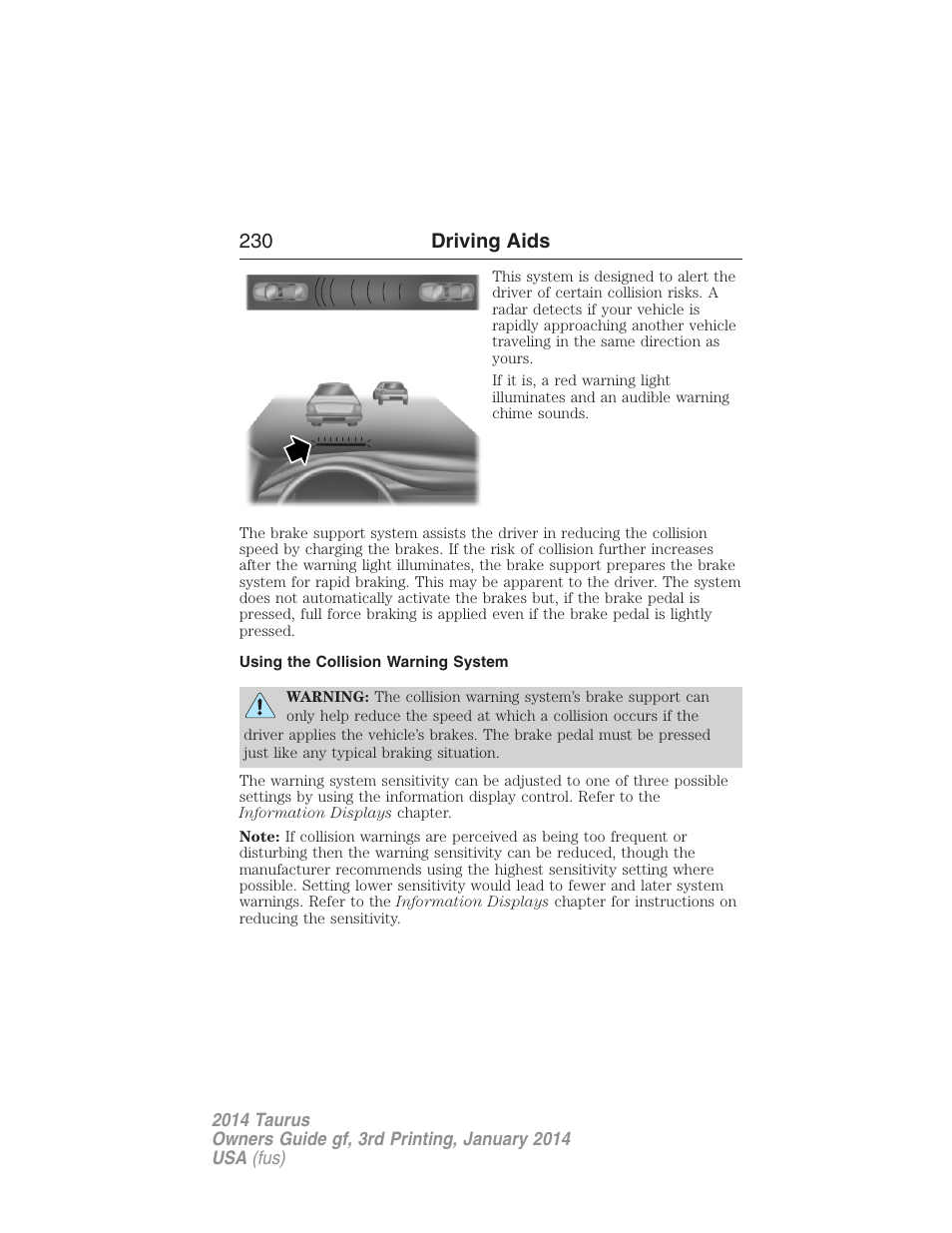 Using the collision warning system, 230 driving aids | FORD 2014 Taurus v.3 User Manual | Page 231 / 553
