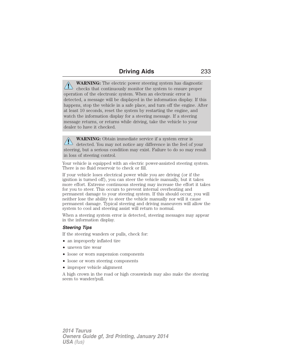 Steering tips, Driving aids 233 | FORD 2014 Taurus v.3 User Manual | Page 234 / 553