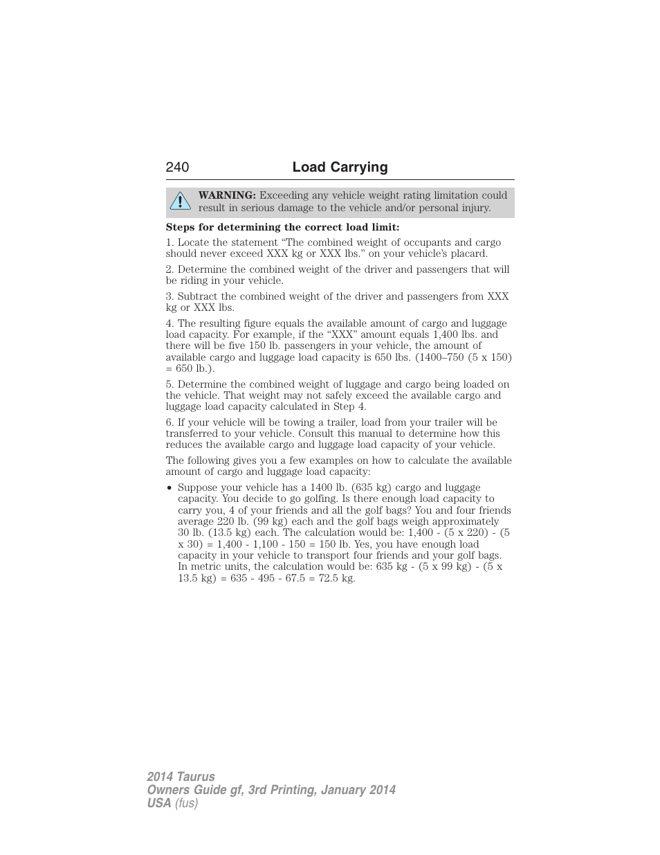 240 load carrying | FORD 2014 Taurus v.3 User Manual | Page 241 / 553
