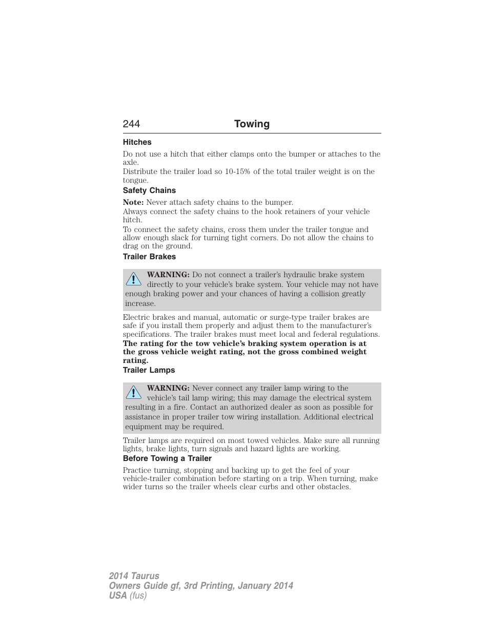 Hitches, Safety chains, Trailer brakes | Trailer lamps, Before towing a trailer, 244 towing | FORD 2014 Taurus v.3 User Manual | Page 245 / 553